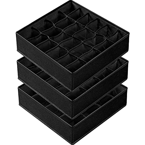 Criusia 3 Pack Sock Underwear Organizer Dividers, 64 Cell Fabric Foldable Cabinet Closet Organizers and Storage Boxes for Storing Socks, Underwear, Ties (16+24+24 Cell, Black) - color: Black, size: A - 3 Pack & 64 Cells