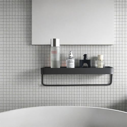 Bathroom Shelf with Towel Bar，Wall-Mounted Shower Storage Rack, 15.75 -Inch Suitable for bathrooms, Kitchens and Toilets，No Drill Bathroom Shelf