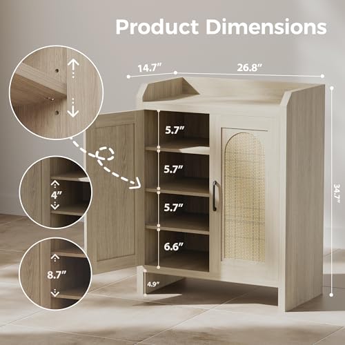Mericonia Shoe Cabinet Storage for Entryway, Rattan Storage Cabinet, Wooden Shoe Rack with Doors, Farmhouse Boho Wood Shoe Organizer Cabinet for Hallway (Oak) - color: Oak, size: 5-tier