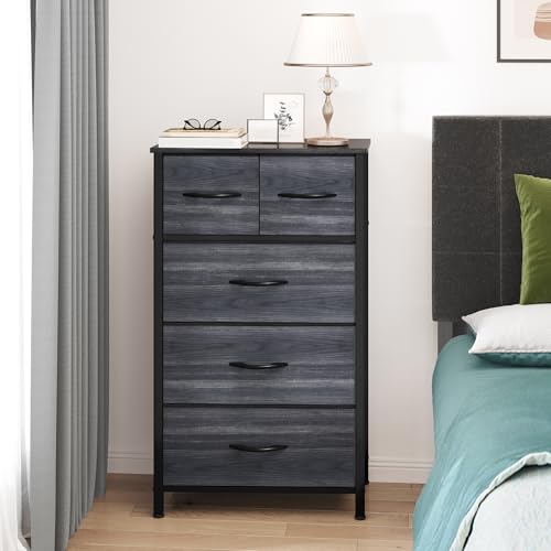 YITAHOME Fabric Dresser with 5 Drawers - Storage Tower with Large Capacity, Organizer Unit for Bedroom, Living Room & Closets - Sturdy Steel Frame, Wooden Top & Easy Pull Fabric Bins - color: Black Wood Grain, style: 5-Drawer