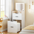 Gurexl Small Fluted Vanity Desk with Mirror and Lights, 3-in-1 Compact Makeup Vanity Set with Hidden Storage Stool, Mini Dressing Table with 3 Drawers, for Girls (White) - color: White-led