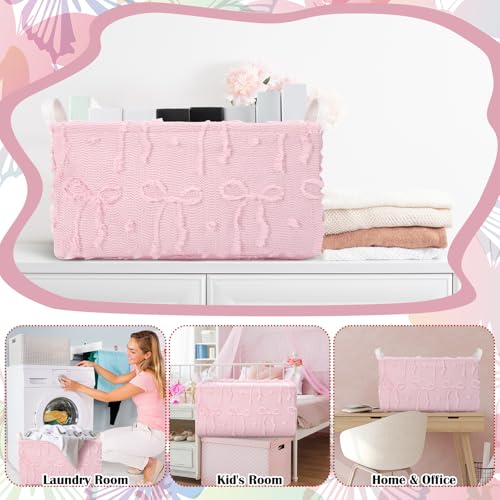 Kathfly 3 Pcs Bow Foldable Storage Baskets Plush Faux Fur Jacquard Design Laundry Basket with Handles Waterproof Storage Bins Fabric Shelf Baskets for Organizing Closet Clothes - style: Bow
