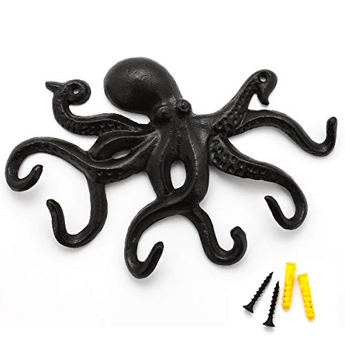 Key Holder for Wall, Octopus Coat Hooks Wall Mounted Towel Hooks, Heavy Duty Key Hooks Decorative with 6 arms - color: Black