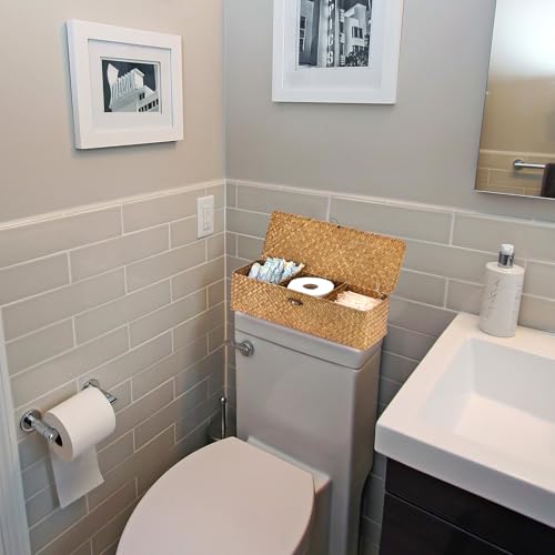 Sumnacon Extended Seagrass Storage Basket with Lid 3-Section Wicker Storage Basket,Small Woven Shelf Basket for Toiletries Tampon Storage,Seagrass Basket for Shelf Bathroom Toilet Counter,Caramel - color: Caramel, size: Large