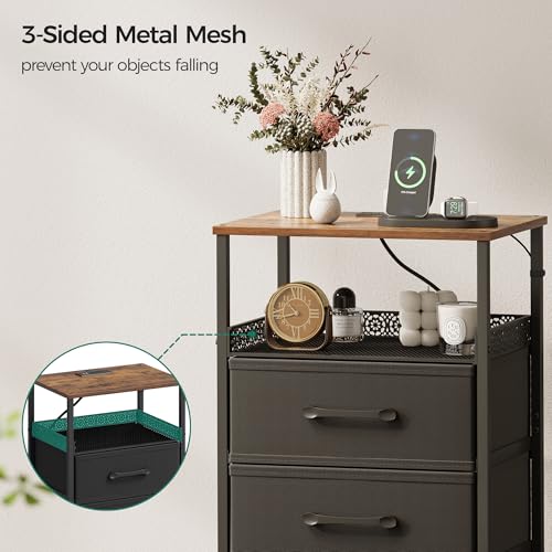 JARHETUN Nightstand Set of 2, Night Stands with Charging Station, 26.4 Inch Tall Bedside Table with Metal Shelf, Modern Side End Table with 3 Fabirc Drawers, Small Dresser for Bedroom, Rustic Brown - color: Rustic Brown, style: Power