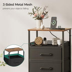 JARHETUN Nightstand Set of 2, Night Stands with Charging Station, 26.4 Inch Tall Bedside Table with Metal Shelf, Modern Side End Table with 3 Fabirc Drawers, Small Dresser for Bedroom, Rustic Brown - color: Rustic Brown, style: Power