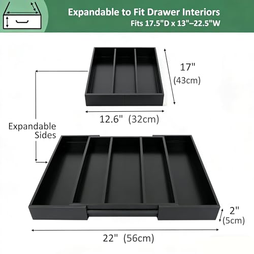 Utoplike Bamboo Drawer Organizer Kitchen Utensils, Adjustable Black Silverware Holder and Cutlery Tray Organiser, Expandable Drawer Divider for Flatware, Knives in Kitchen, Bedroom, Living Room - color: Black, size: Large
