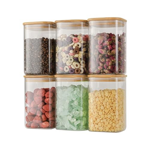 D2scrma 37oz Airtight Glass Square Storage Canisters with Bamboo Lid Set of 6 (1100ml) Stackable Containers, Kitchen Jars for Pantry Noodles, Flour and Coffee beans (‎with Black Lable)