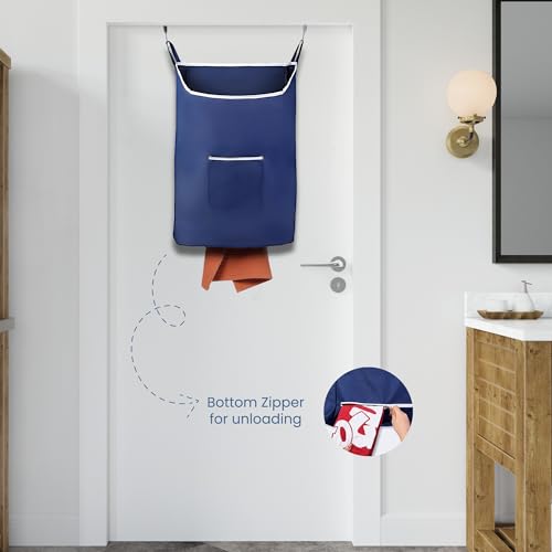 Fine Living Large Hanging Laundry Hamper with Over Door Hooks & Adhesive, Durable Space Saving Laundry Bag with Zipper and Wide Open Top, Hanging Dorm Laundry Hamper 18"x4.75"x28" (Navy Blue-L) - color: Navy Blue-L, size: Large