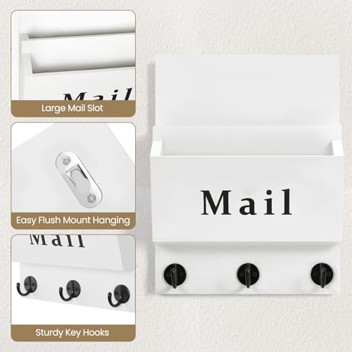 Mail and Key Holder - Decorative 8.86" x 11.42" Wall Key Hanger with 2 Mail Organizer Slots and 3 Hooks - Real Paulownia Wood with Keyhole Brackets, Hardware and Instructions (White) - color: White