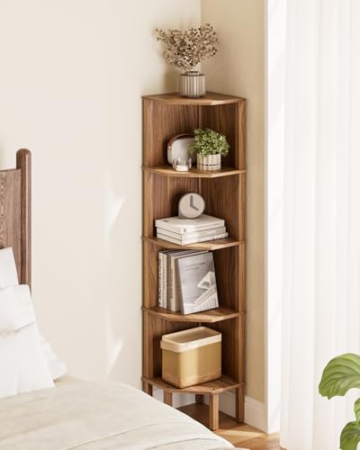 Corner Shelf, 5 Tier Corner Bookshelf, Display Corner Shelf Stand with Storage Rack, Wall Corner Bookshelf for Living Room, Bedroom, Office, Walnut - color: Walnut Without Light