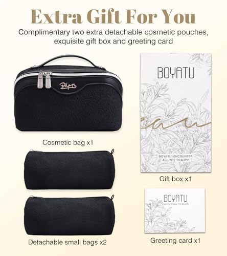 BOYATU Travel Makeup Bags Cosmetic Organizer Bag: 3-Set Large Capacity Make up Bag - PU Leather Toiletry Bags for Women - Wide Open Portable Pouch with Divider & Handle (A-Black) - color: A-Black