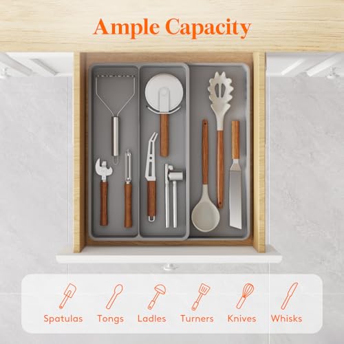 Lifewit Utensil Organizer for Kitchen Drawer, Expandable Cooking Silverware Tray, Adjustable Cutlery Flatware Holder, Plastic Spatula Tools Storage Divider, 14.4 x 15.8", Gray - color: Gray, size: 14.4*15.8*1.8 inch (3 Slots)
