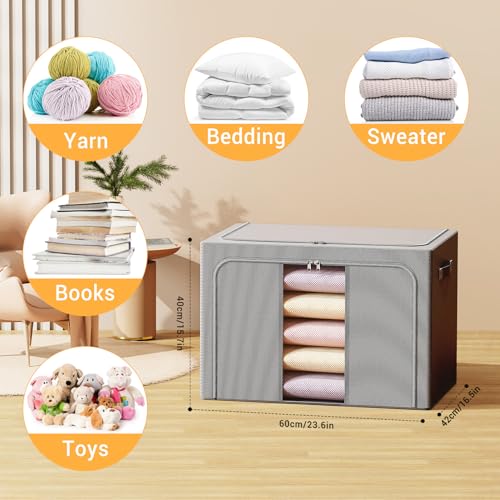 Clothes Storage Bins with Metal Frame, Foldable Clothes Organizers Storage Containers for Clothes, Sheets, Blankets, Pillows and Towels (100L, 3 Pack, Deep Grey) - color: dark gray, size: 100L(23.6''X16.5"X15.7")
