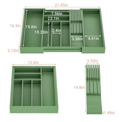 TIOPGHAD Bamboo-Silverware-Drawer-Organizer-Kitchen, Expandable Utensil Holder Cutlery Tray Flatware Organization Adjustable Wood Tableware Dividers Storage (with Removable Knife Block)(Grayish Green) - color: Grayish Green, size: Large