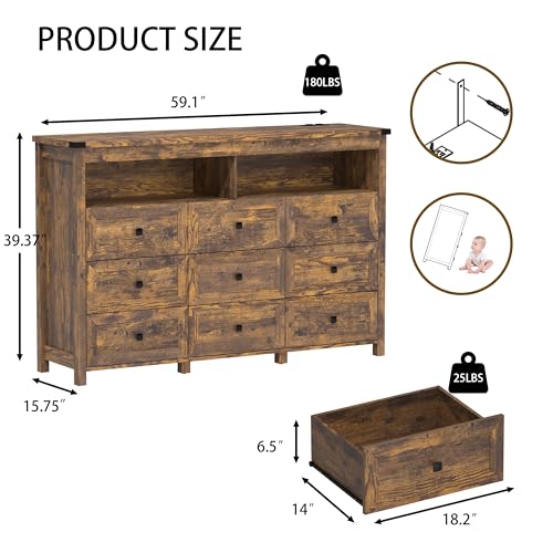 Dresser for Bedroom with 9 Drawers, Wide Chest of Drawers with LED Light and Power Outlet, Wooden Closet Organizer Clothes Storage Cabinet, Modern Double Dressers for Living Room, Hallway, Brown - color: Brown, size: 15.8"D x 59.1"W x 39.4"H (9 Drawers)