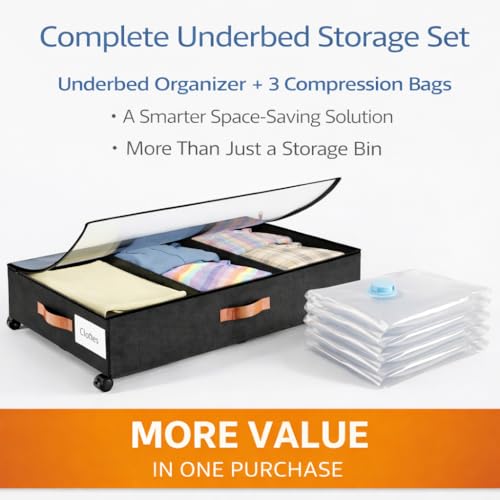 Under Bed Storage with Wheels, Under Bed Storage with Dividers, 66L Rolling Organizer with Clear Lid and 3 Compression Bags for Clothes, Blankets, Bedding and Shoes