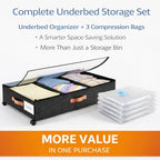 Under Bed Storage with Wheels, Under Bed Storage with Dividers, 66L Rolling Organizer with Clear Lid and 3 Compression Bags for Clothes, Blankets, Bedding and Shoes