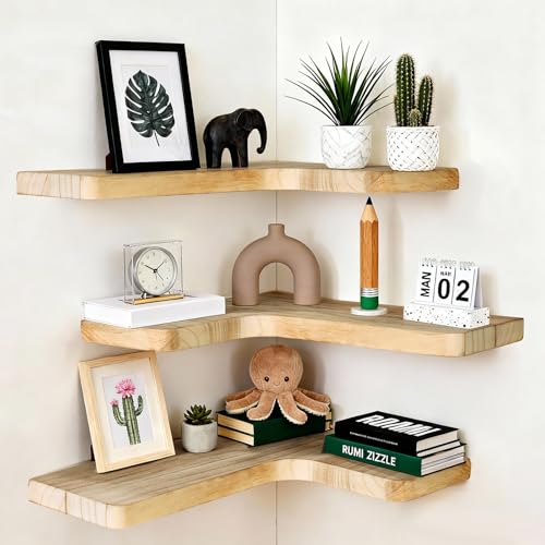 Floating Corner Shelves, Wall Shelf Set of 3, Shelves for Wall Storage, Solid Wood Shelves for Storage, Wall Mount Wooden Display Shelf for Bathroom Bedroom Kitchen Garage (Light 3Pcs) - color: Light 3 Pcs