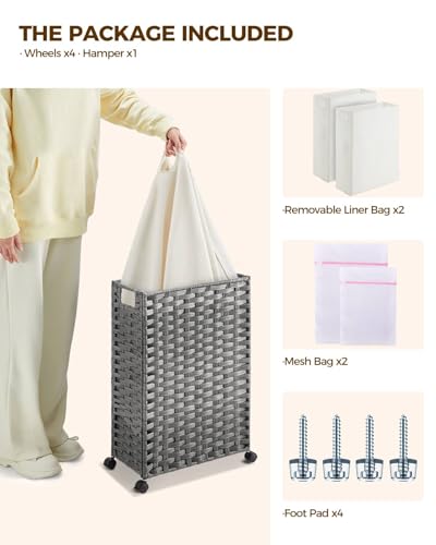 Greenstell Laundry Hamper with Wheels, 11.9 Gallon (45L) Small Clothes Hamper with 2 Removable Liner Bags & 2 Mesh Bags, Slim Rattan Laundry Basket for Bathroom, Bedroom, Grey - color: Grey, size: 45L (15.8 x 7.9 x 23.6 inches)