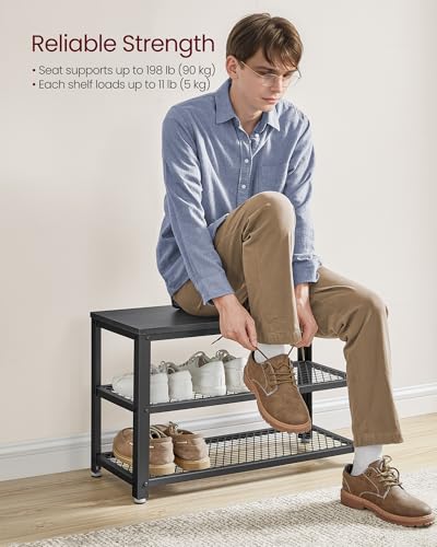 VASAGLE 3-Tier Shoe Rack, Shelf Storage Bench with Metal Mesh Shelves and Seat, Free Standing Shoe Organizer for Entryway, 11.8 x 28.7 x 17.7 Inches, Ebony Black and Black ULBS073B06 - color: Ebony Black + Black, size: 28.7"W x 17.7"H, style: Bench