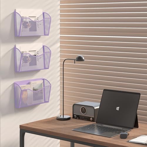 EasyPAG Wall File Organizer, Metal Mesh Hanging File Folder Holder for Letter/A4 Size Folders, Vertical Wall Mount Mail Sorter for Office Paperwork, Classroom, Purple - color: Purple