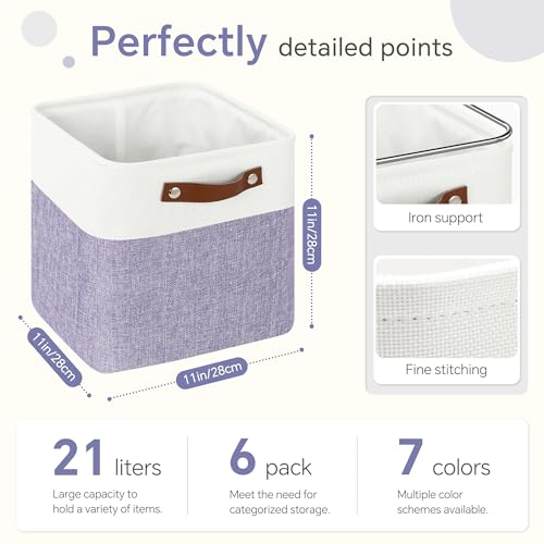 FinishingBo Cube Storage Baskets 6 Pack, 11x11 inch Cube Storage Bins with Leather Handles for Shelf Closet (White/ Purple) - color: White/ Purple
