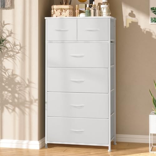 Crestlive Products Tall Dresser for Bedroom Vertical Skinny Dresser - Sturdy Steel Frame, Wood Top, Easy Pull Fabric Bins- Organizer Unit for Bedroom, Entryway, Closets - 6 Drawers (White) - color: White, style: 6 Drawers