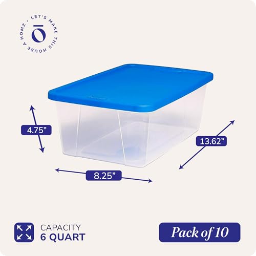 HOMZ 10-Pack Snaplock, Small Clear Plastic Storage Organizer Bins w/Lids, 6 Quart, Blue - Stackable Container Boxes for Bedroom, Bathroom, Garage, and Office Organization - color: Blue Lid, size: 6 QT (10 Pack)