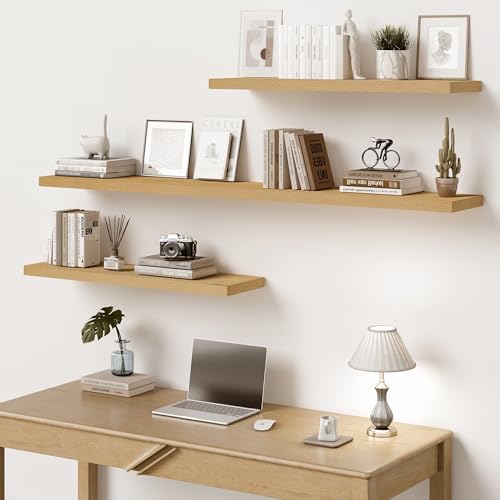 Vivelove 10" Deep Floating Shelves with Invisible Brackets, 36" Wall Shelves for Bathroom Bedroom Kitchen Living Room Laundry Room, Modern Rustic Shelves for Home Decor, 36"x10.2"x1.5", Set of 2, Oak - color: Oak, size: 35.4”Wx10.2”Dx1.5”H