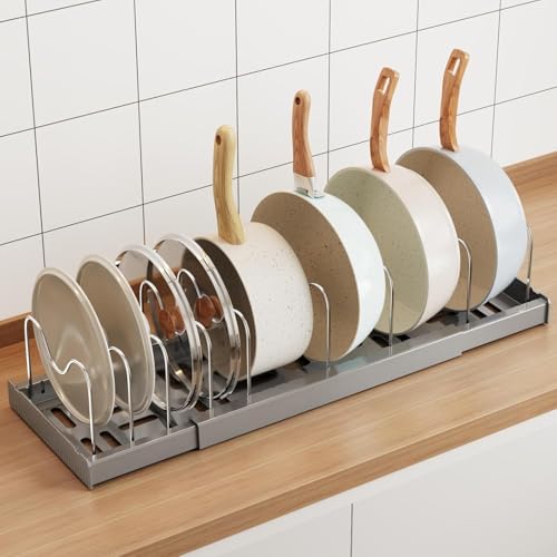 Mustorn Pots and Pans Organizer Under Cabinet, 22" Expandable Food Storage Container Lid Organizers with 9 Adjustable Dividers Pot and Pan Lid Holders Rack Inside Cabinet/Countertop(1 Pack, Gray) - color: Gray(Expandable), size: 1 Pack