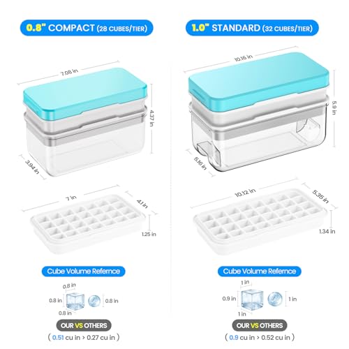0.8“ Ice Cube Tray with Lid and Bin, PHINOX 56 pcs Ice Trays for Freezer, Ice Cube Trays for Freezer with 2 trays, Container, Lid & Ice Scoop, BPA Free(28Pcs/Tier)) - color: Blue, size: 0.8"-2tier
