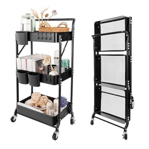 3 Tier Foldable Rolling Cart with Wheels, Folding Utility Cart Organizer, Collapsible Rolling Storage Cart with 3 Hanging Cups & 6 Hooks for Kitchen, Office, Nursery(Black) - color: Black
