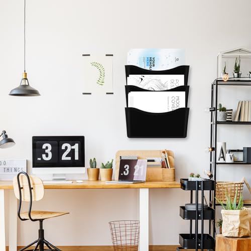 Colarr 6 Pack Expandable Pocket Wall File Holder Plastic Hanging Wall Organizer Space Saving Wallmount File Holder for Office Mail Letter Magazine(Black) - color: Black