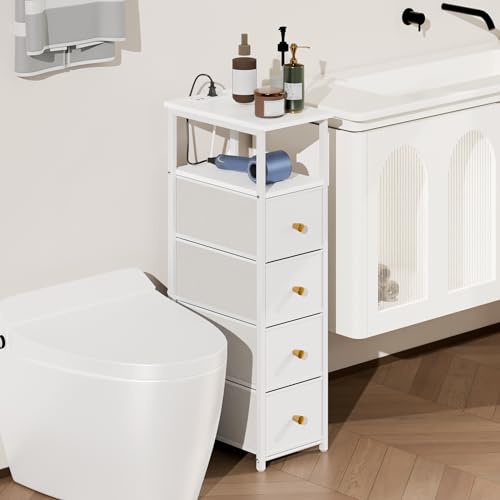 lurcns Narrow Storage Cabinet for Small Spaces Slim Bathroom Dresser with Drawers Tall Thin Storage Organizer for Bathroom Bedroom Skinny Cabinet(White, 4 Drawers with Charging Station) - color: White, size: 4 Drawers+Charging Station