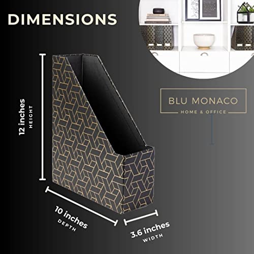 BLU MONACO | Set of 4 Black & Gold Geometric Magazine File Holders with Gold Label Holders | Stylish Vertical File Organizer Boxes for Desk, Bookshelf & Office Storage - color: Dark Grey and Gold