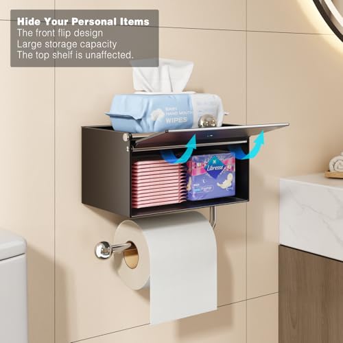 Voldra Toilet Paper Holder with Shelf, Flushable Wipes Dispenser for Bathroom, Adhesive Toilet Paper Roll Holder with Storage Wall Mount Stick On Bathroom Tissue Holder Front Flip Design (Matte Black) - color: Black, size: Wipes Box