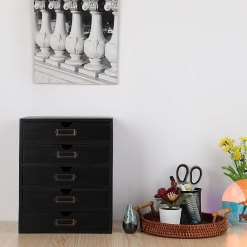 Wooden Storage Box with 5 Drawers Apothecary Drawers Vintage Wooden Drawers Wood Desktop Organizer with Drawers Countertop Drawers Library Card Catalog Cabinet Apothecary Cabinet （BLACK） - color: BLACK05