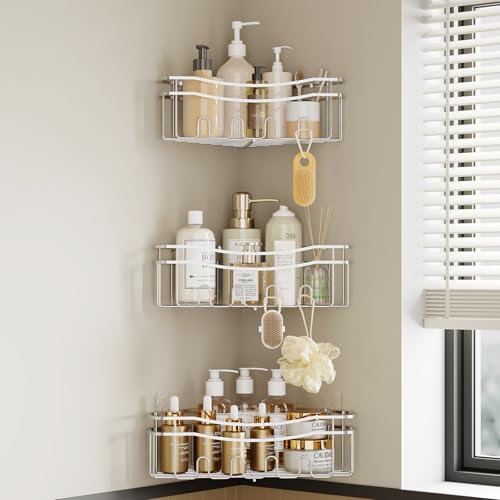 Chrome Shower Caddy Corner, 3-Pack Adhesive Shower Shelves for Inside Shower, Rustproof Bathroom Organizer Corner with Built-in Hooks, No Drilling Bathroom Storage for Bath Accessories - color: CHROME