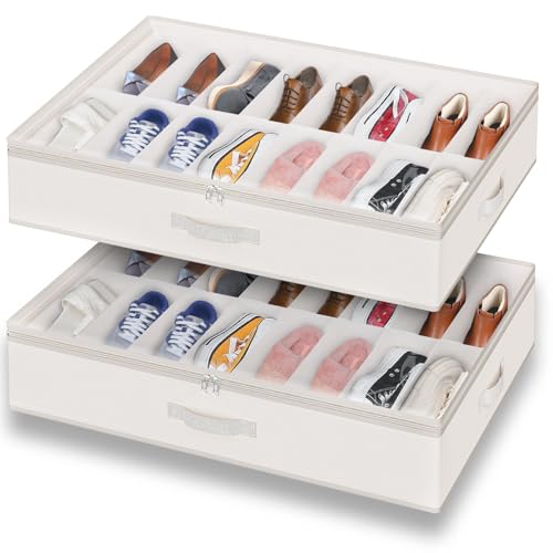 Under Bed Shoe Storage Organizer for Closet, 32 Pairs Sturdy Underbed Shoe Storage Boxes Bins Container Foldable Shoes Storage with Reinforced Handles & Clear Window for College Dorms Beige, Set of 2 - color: Beige