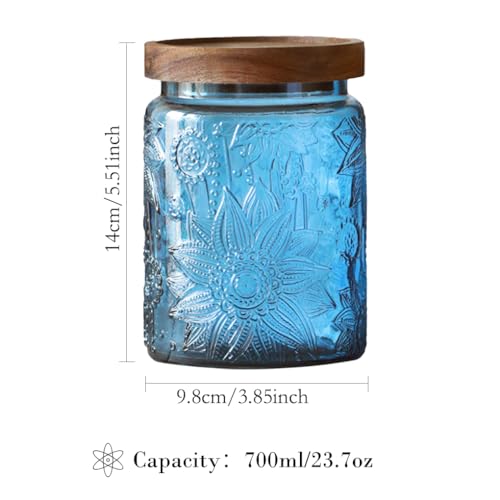 ANSQU Vintage 23.7oz Glass Mason Jar with Solid Wood Lid - Decorative Storage Canister for Tea, Coffee, Cookies, Candy, Bath Salts, Laundry Detergent - Kitchen & Bathroom Organizer (Blue, 1 Pack) - color: Blue, size: 23.7 Ounces