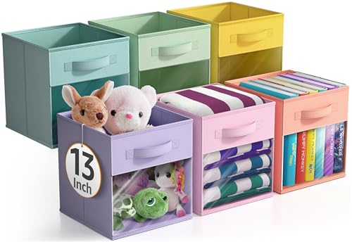 Sorbus 13 Inch Storage Bins with Clear Window - 6 Foldable Baskets for Organizing Clothes, Toys, Books - Sturdy Collapsible Fabric Storage Cubes with Handle - Storage Baskets for Shelves, Closets - color: Pastel Multi-Color with Window, size: 13 Inch