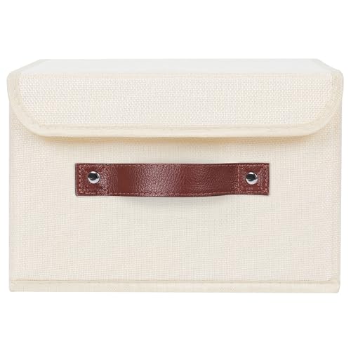 ANMINY Storage Bin with Lid Storage Boxes with PU Leather Handles PP Plastic Board Decorative Foldable Lidded Cotton Linen Fabric Home Cubes Baskets Closet Organizer Container - Beige, Small Size - color: Beige, size: Small (Pack of 1)