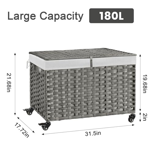 Rolling Storage Basket with Lid, 47.6 Gallon (180L) Storage Bin with Wheels, Woven Rattan Blanket Storage Basket with Handles, Foldable, Metal Frame, Removable Liner for Bedroom, Laundry Room, Grey - color: Grey