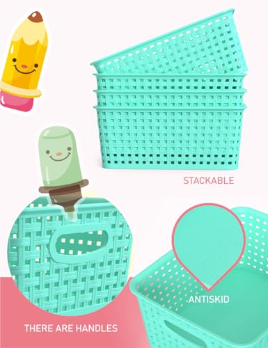 WYT 6-Pack Plastic Small Shelf Storage Weave Baskets Organizing for Cabinets and Pantries, Sky Blue - color: Sky Blue, size: 6-Pack