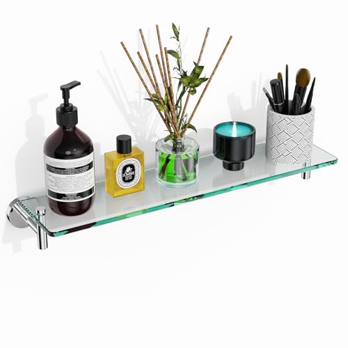 Glass Shelves for Bathroom,20-Inch Chrome Polished Floating Bathroom Shelf Stainless Steel Tempered Glass Shelf Modern Shelves Wall Mounted - color: Chrome Polished, size: 20"without railing