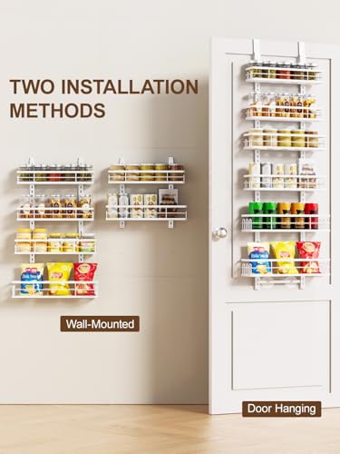 Delamu Over the Door Pantry Organizer, 6 Tier Pantry Door Organizer with Adjustable Basket, Door Spice Rack Seasoning Organizer, Metal Hanging Pantry Organizers and Storage for Kitchen,15.3" White - color: White, size: 6 Tier-M