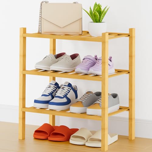 Smiry Shoe Rack, 3 Tier Thick Small Bamboo Shoe Organizer, Stackable Free Standing Wooden Shoe Storage Shelf for Closet, Entryway, Front Door Entrance, Natural - color: Natural, size: 17.32" Wide - 3 Tier - Thicker