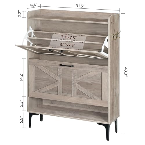 MAHANCRIS Shoe Storage Cabinet, Shoe Organizer with 2 Flip Drawers, Hidden Shoe Storage for Entryway, Freestanding Shoe Cabinet Organizer with Open Storages, Greige SHHG9401 - color: Greige