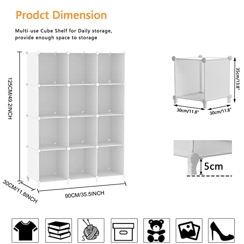 AWTATOS Cube Storage Organizer Storage 12 Cube Bookshelf DIY Plastic Closet Clothes Storage Shelves with Wooden Mallet, Stackable Storage Solution for Home, Bedroom, White - color: White